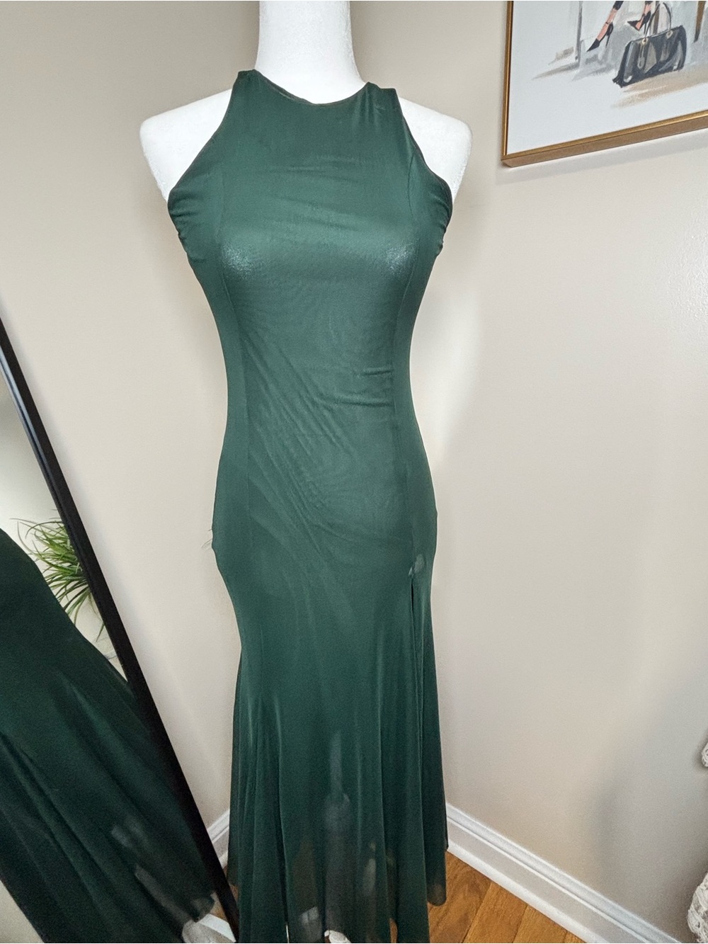 ZARA NWT Deep Green Mesh Sleeveless Slit Maxi Dress Small